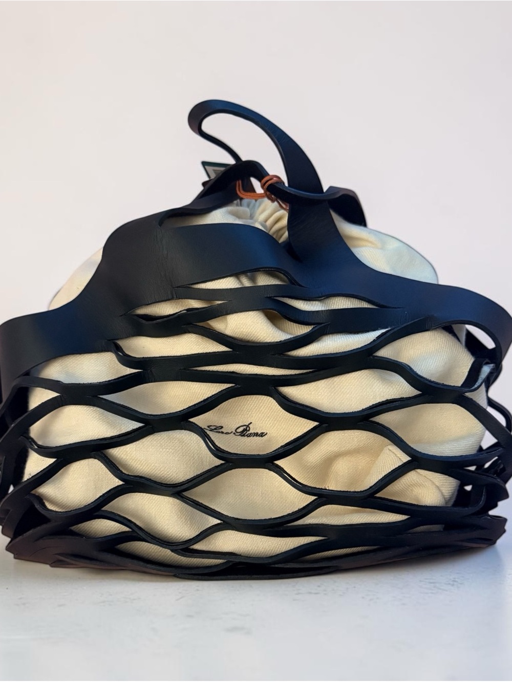 Loro Piana Black Leather Lattice Clutch with Cream Insert